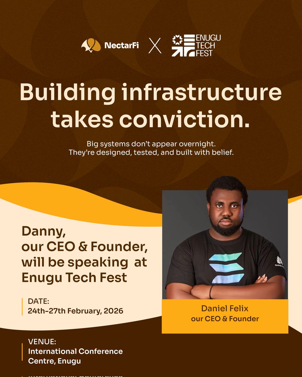 Nectar_finance's tweet photo. Real infrastructure isn’t built on hype, it’s built on conviction.

Our CEO &amp; Founder, @Chinaecherem, will be speaking at Enugu Tech Fest about building lasting financial systems. If you’re in Enugu, be there.

#NectarFi #enugutechfestival https://t.co/5tf1myUv8c