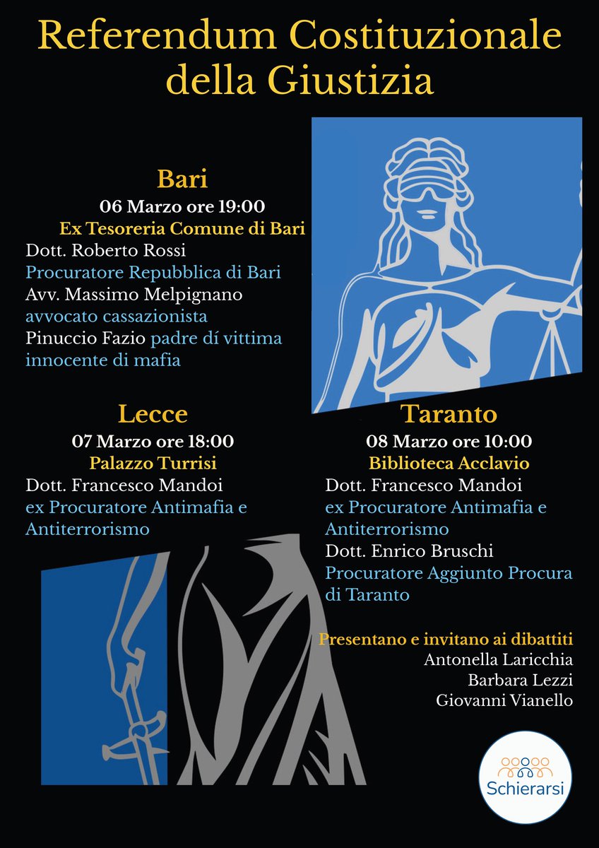 Incontriamoci nel prossimo fine settimana.

Venerdì 6 marzo a #Bari, sabato 7 a #Lecce e domenica 8 a #Taranto: un weekend insieme per le ragioni del NO al referendum costituzionale del 22 e 23 marzo.

#Schierarsi

LEGGI QUI: facebook.com/share/p/18Cfgf…