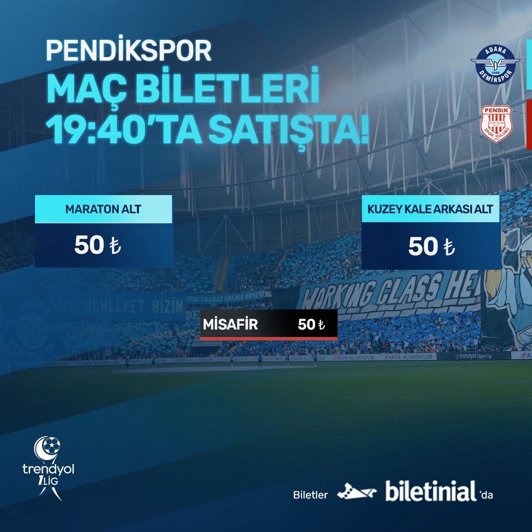 1 Mart pazar günü saat 13:30’da, Yeni Adana Stadyumu’nda oynayacağımız Pendikspor maçının biletleri bu akşam 19:40’ta satışta ! 

📌 Batı tribünlerinden kombine alan taraftarlarımız Vip B tribününe girecektir.