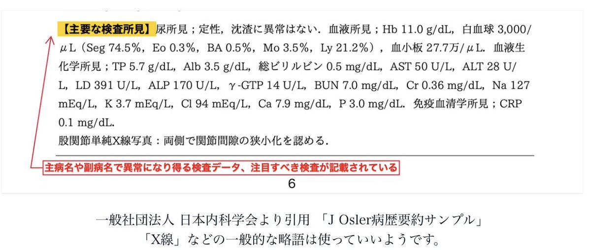 AikawaYoshitake's tweet photo. 「病歴要約 評価の手引き」にはサンプルがありますが、手引きの記載方法は絶対の基準ではありません👍
✅バイタ��サインの単位
✅カッコの半角・全角
✅第X病日かX+1日などの日付表記
などは柔軟に変更していいんです😁
ただし、病歴要約29個全体で統一したほうがいいです✋
#JOsler https://t.co/KAEoDkTJWw