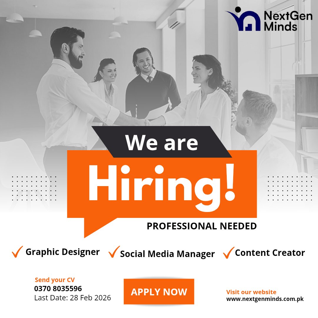 NextGenMinds_'s tweet photo. NextGen Minds is looking for a Social Media Manager / Content Creator 🎬📱
If you can:
• Shoot &amp; edit reels
• Follow trends
• Create engaging content
• Help grow social pages
📍 Mumtaz Market, Gujranwala
📅 Apply by 28 Feb
Send CV + portfolio on WhatsApp: 03708035596
#foryou https://t.co/wdA90GdsZo