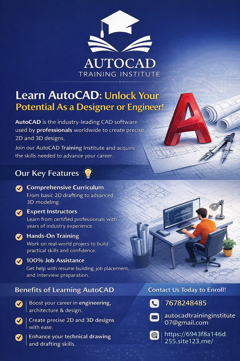 Autocad_07's tweet photo. Here is a short https://t.co/kr0jYJqutQ (Twitter) description:Unlock your potential with AutoCAD training! 📐
Learn 2D &amp; 3D design, hands-on projects &amp; get job assistance.📞 7678248485
🌐 https://t.co/JGfyerchTE #CADTraining #Engineering #Architecture #CareerGrowth https://t.co/KE9mSQqIux
