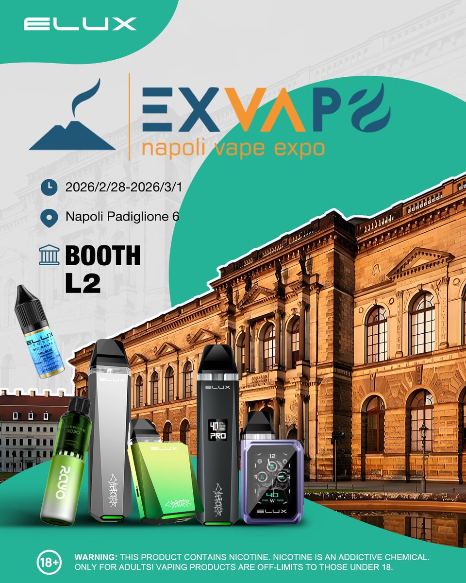 eluxtech's tweet image. 🇮🇹 See you in Napoli!

We’re heading to EXVAPO 2026
📅 Feb 28 – Mar 1
📍 Napoli Padiglione 6
📌 Booth L2

Discover our latest devices &amp;amp; new arrivals on-site.

Come meet the ELUX team and explore what’s new. ✨

#ELUX #EXVAPO2026 #NapoliExpo #TradeShow