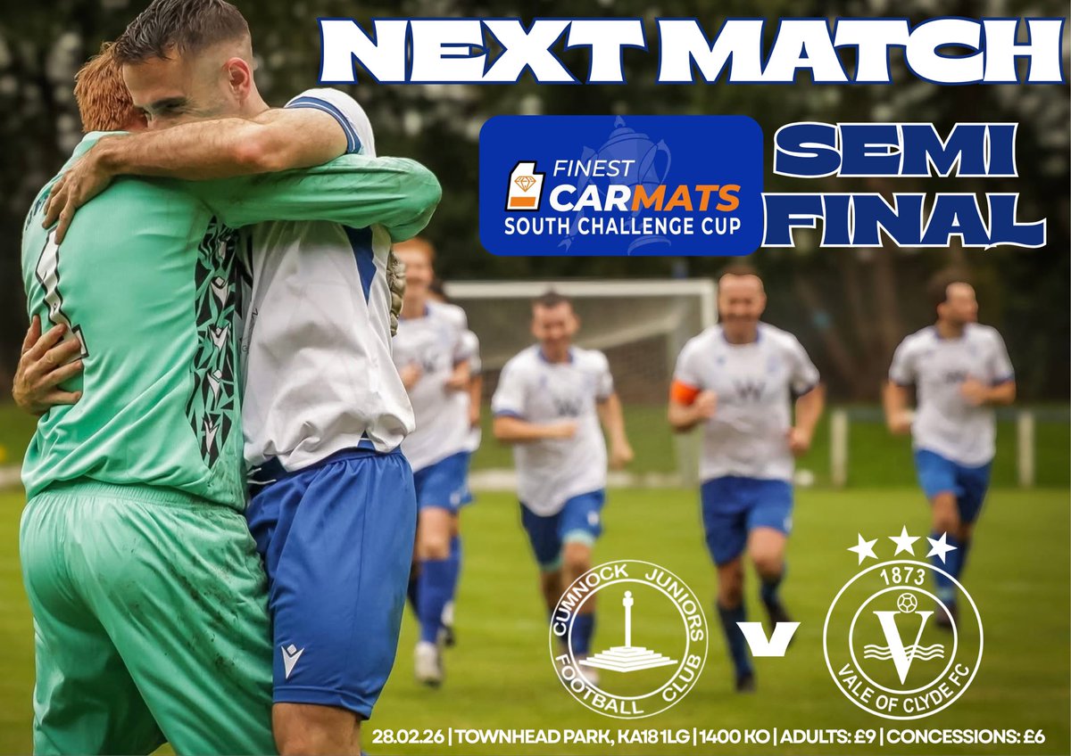 🏆Semi Final Saturday!🏆

This weekend plays host to the Tin Pail’s biggest game of the season so far, as we play in the <a href="/SouthChallenge/">FinestCarMats.co.uk South Challenge Cup</a> Cup Semi Final, away to <a href="/OfficialWoSFL/">West of Scotland Football League 🏴󠁧󠁢󠁳󠁣󠁴󠁿</a> Premier Division side <a href="/CumnockJnrsFC/">Cumnock Juniors FC ⭐️⭐️⭐️</a> at Townhead Park! 

What an occasion for the club, and what an