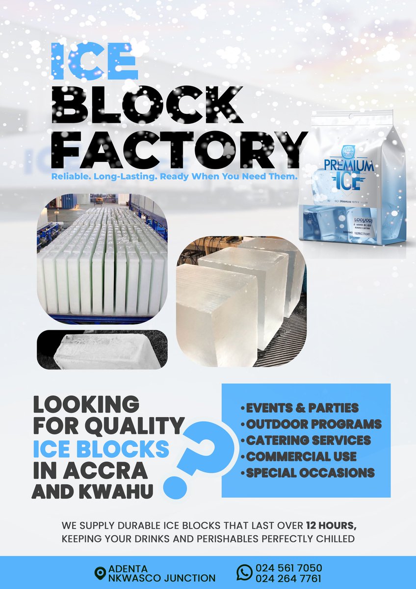 Westparthenon's tweet photo. Stay ready. Stay chilled. ❄️
Premium, long-lasting solid ice blocks delivering 12+ hours of reliable cooling for events, catering, and outdoor programs. No shortcuts. No surprises.

Kwahu Business Advocacy Association || Ghana || Events || Easter In Kwahu || Ministry of Trade https://t.co/gtdoeDyztO