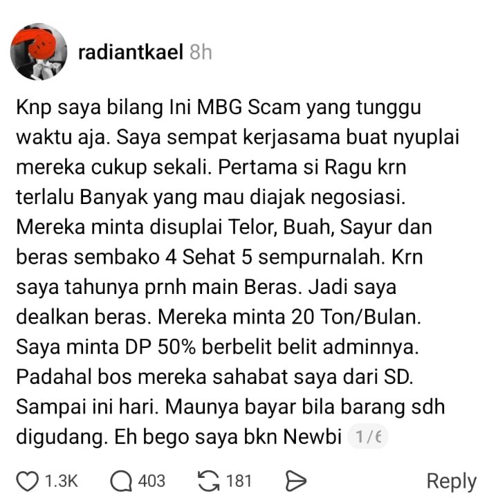 dosenkesmas's tweet photo. 🚨MBG Scam?! Mark up harga oleh mitra/yayasan MBG?!

Poin Temuan
- Negosiasi alot dan rumit dengan Mitra/yayasan MBG
- Tidak mau ada "Hitam di atas Putih" dan Kunci Harga
- Disiapkan 2 ton beras, endingnya cuma 1 ton
- Deal sama bosnya 15K, admin minta 14.5K, Kepala Gudang 14K (ampuuuuun, 1 item 3 kali nego)

Gongnya: Dibayar 15K, Invoicenya 16.5K