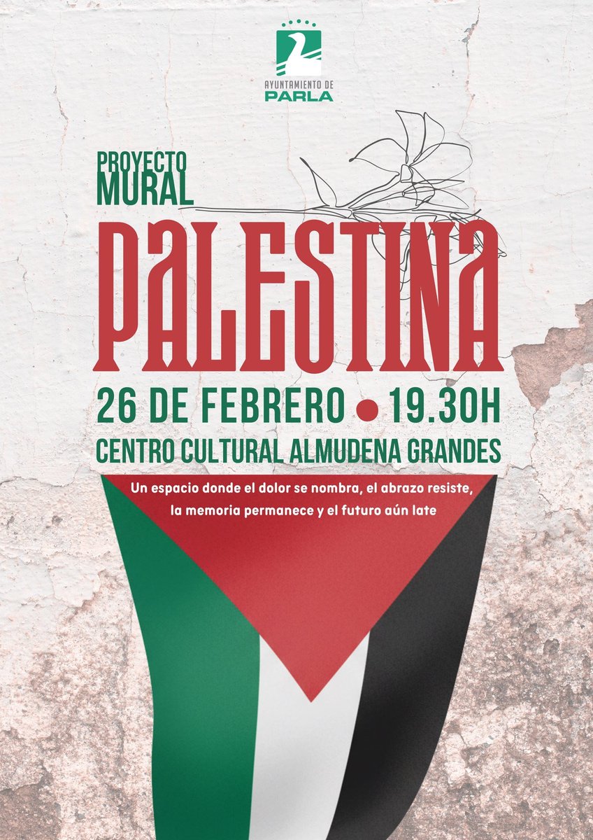 AytoParla's tweet image. 🇵🇸❤️‍🩹 "Que no se deje de hablar de Palestina" objetivo de mural que Ayto va a realizar en cumplimiento de propuesta Comité Por Palestina #Parla aprobada en Pleno, con colaboración Escuela Pintura✨🎨 Hoy jueves 26 #febrero presentación 19:30 h  Centro Cultural Almudena Grandes