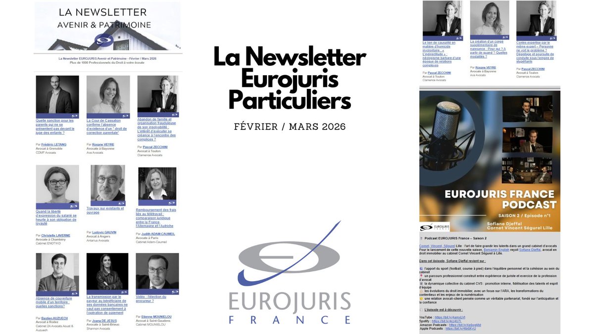 EUROJURISFR's tweet photo. 📰 – NEWSLETTER –
Retrouvez les derniers #ArticlesJuridiques rédigés par nos #Avocats en #DroitFamille #DroitPénal #DroitTravail #DroitBancaire #DroitImmo et écoutez l'épisode 1 de la 2è saison du #PodcastEurojuris dans notre Newsletter
▶️https://t.co/CxO7KWehL0
#Eurojuris https://t.co/4wEF3iMeJg