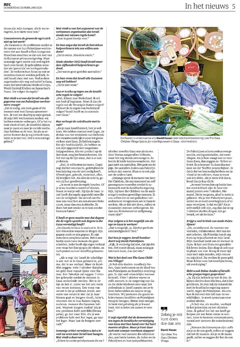 Onder zware omstandigheden richtte de Palestijns-Amerikaanse neurochirurg dr #DavidHassan the Gaza Children Village op. Daar krijgen tienduizend kinderen en vijfduizend studenten onderwijs en zorg. De <a href="/NRC/">NRC</a> sprak met hem. Hassan gaat met zijn missie door, terwijl organisaties als