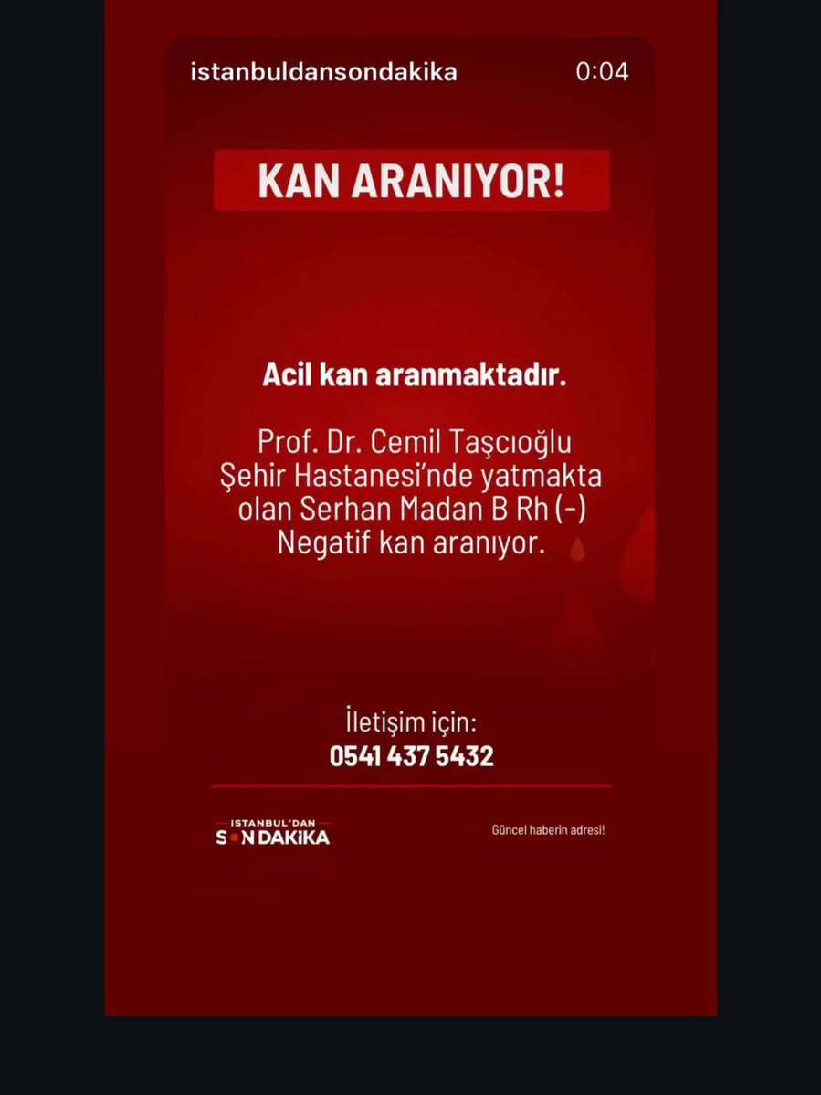İstanbul Çok Acil Kan ihtiyacı 
Arkadaşlar durumu çok ağır olan bir yaralı için çok acil B Rh (-) kan ihtiyacı var. 
Lütfen hızlı bir şekilde yayılmasını sağlayalım