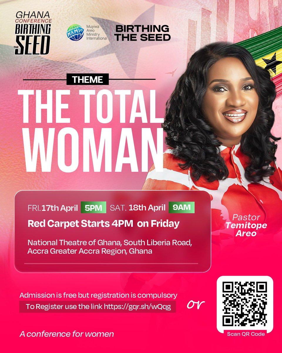 ACCRA GHANA!!!! Yɛwɔ ha. Wo bere adu.

This is not just a conference; it is a divine call to step into purpose, power, and prophetic alignment.

Join me at the Total Woman as heaven breathes upon daughters ready to birth destiny.

Tag all your Ghanaian Friends and Family!