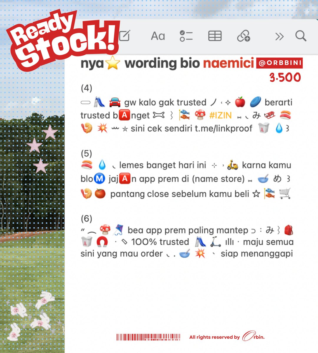 orbbini's tweet photo. knOck kn🅾️ck◞ repost please❓thankies 🛝

⠀ ⠀ ⠀ ⠀ ⠀nya⭐️ bawa O6 bio ba 𝗻𝗮𝗲𝗺𝗶𝗰𝗶 yang akhirnya ready stOck lagi 😼 🧩 .ᐟ lego langsung bungkus 🥡 🛴 ◟< only 3.5OO / each > 🧃 order by dm or https://t.co/h2jiBgBxyr 🛒💬

n. free retext spess &amp; name store
t. #zonauang https://t.co/Nu5gb2GUc2