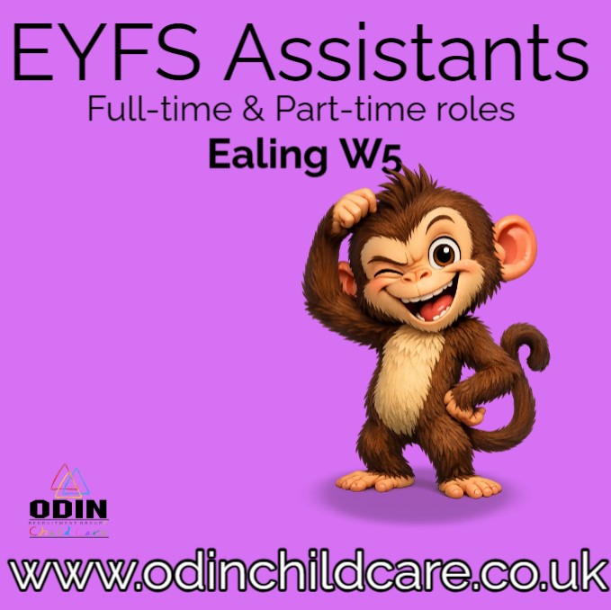Odinchildcare's tweet photo. 🐒 EYFS Assistants – Ealing W5

Full-time &amp; Part-time opportunities available.

If you’ve got the energy, patience and sense of humour needed to thrive in Early Years… this could be the role for you. https://t.co/4mZ9SzAVTd