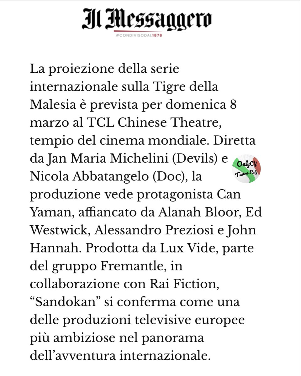 🗞️ "Sandokan" si conferma come una delle produzioni televisive europee più ambiziose nel panorama dell'avventura internazionale."

Estratto da il Messaggero ⬇️
✍️Tiziana Panettieri

#CanYaman #Sandokan
#OnlyCanYamanTeamItaly