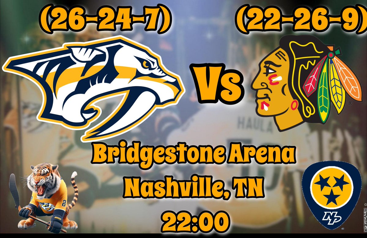 #GameDay <a href="/PredsNHL/">Nashville Predators</a> (26-24-7)

🆚 <a href="/NHLBlackhawks/">Chicago Blackhawks</a> (22-26-9)
🏟 <a href="/BrdgstoneArena/">Bridgestone Arena</a>, Nashville, TN 
⏰ 22:00 (BRT)
📍Jogo 58 / 82
🇧🇷 <a href="/BRA_Blackhawks/">Blackhawks Brasil 🇧🇷</a>

🏒 O'Reilly (56P) / Forsberg (47P) - NSH
🏒 Bedard (53P) / Bertuzzi (42P) CHI

Preds U10 (3-4-3)
Blackhawks U10 (3-5-2)

#Smashville
