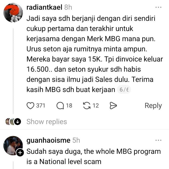 dosenkesmas's tweet photo. 🚨MBG Scam?! Mark up harga oleh mitra/yayasan MBG?!

Poin Temuan
- Negosiasi alot dan rumit dengan Mitra/yayasan MBG
- Tidak mau ada "Hitam di atas Putih" dan Kunci Harga
- Disiapkan 2 ton beras, endingnya cuma 1 ton
- Deal sama bosnya 15K, admin minta 14.5K, Kepala Gudang 14K (ampuuuuun, 1 item 3 kali nego)

Gongnya: Dibayar 15K, Invoicenya 16.5K