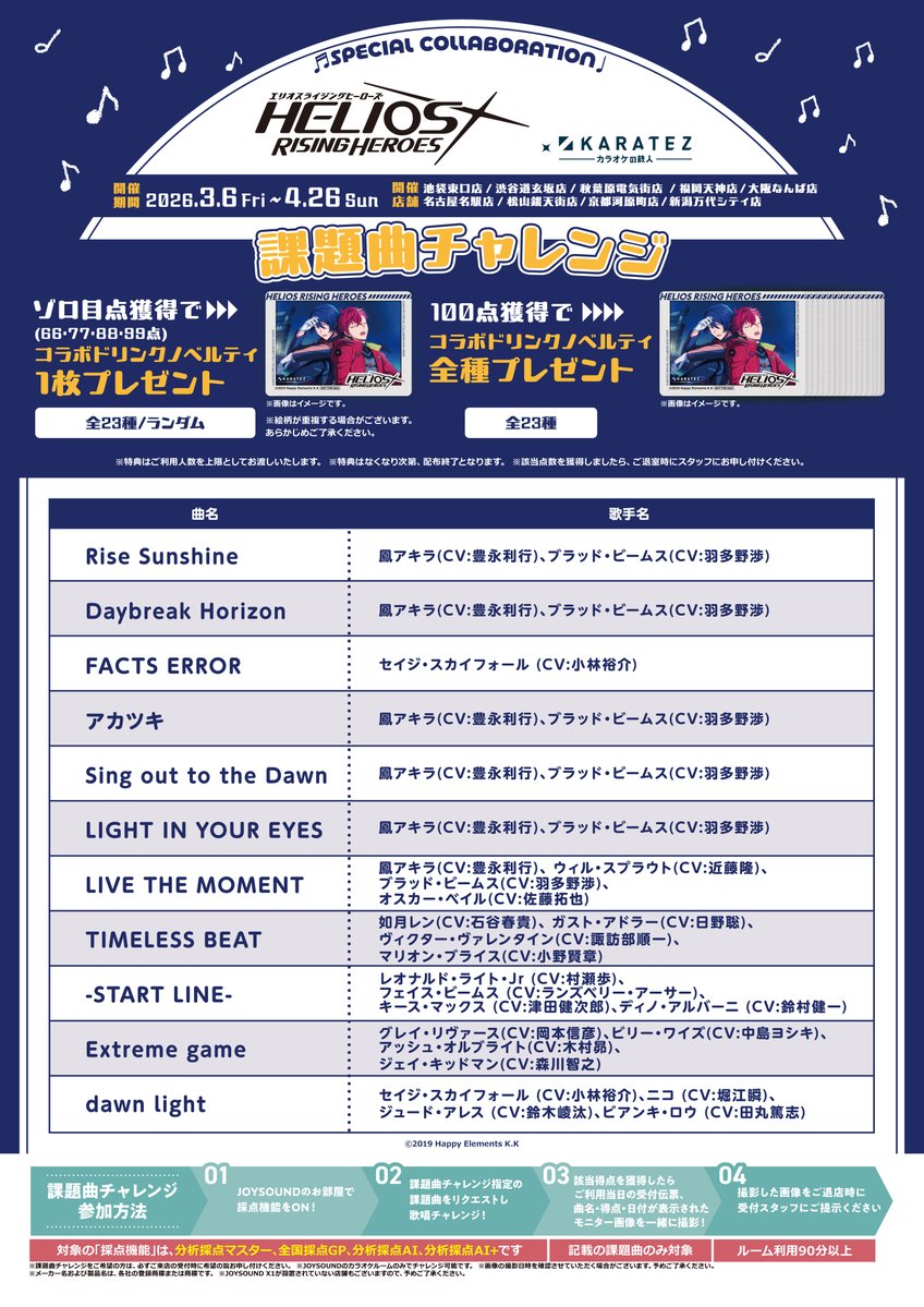 ⭐続報⭐
「エリオスライジングヒーローズ」×#カラオケの鉄人 Vol.2
3/6(金)からコラボスタート❣

コラボドリンクやオリジナルグッズ、更にコンセプトルームも登場✨
※コンセプトルームは【2/27】予約開始⏰

▼詳細はこちら
karatetsu.com/animegame/heli…
#エリオスR #カラ鉄