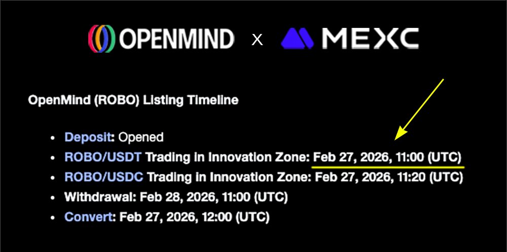 OpenMind $ROBO TGE Tomorrow?

MEXC announced that ROBO spot trading will go live on February 27 at 11 AM UTC.
<a href="/openmind_agi/">OpenMind</a>