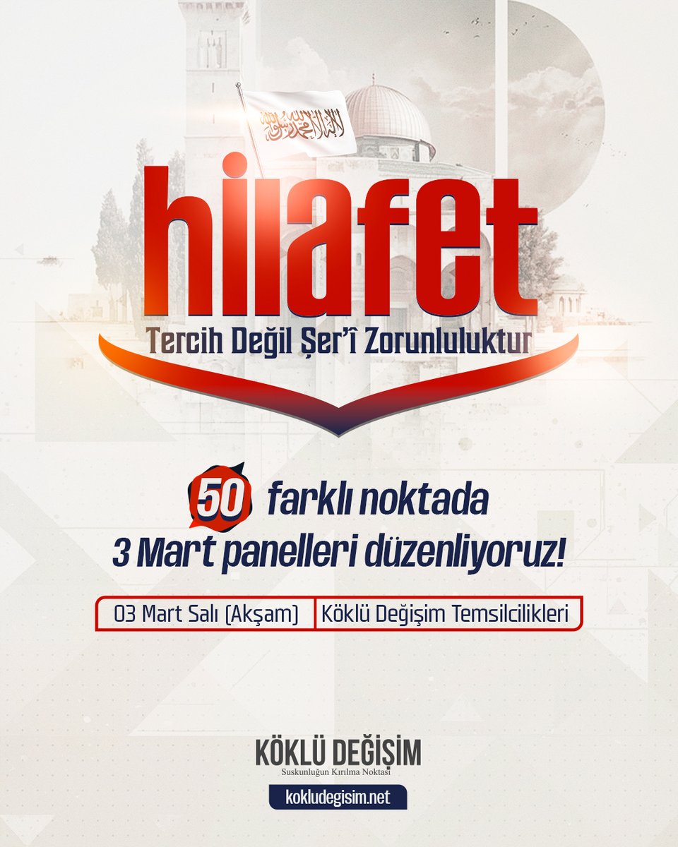 Panellere Davet
"Hilafet, Tercih Değil Şer’i Bir Zorunluluktur"

Tam 102 yıl önce kaldırılan Hilafet, bugün tüm dünyanın gündeminde olan ve Müslümanlar için hayati önem taşıyan bir zorunluluktur.

Gazze’de yaşanan zulümler, ABD ve Batı’nın sömürgeci politikaları, İslam