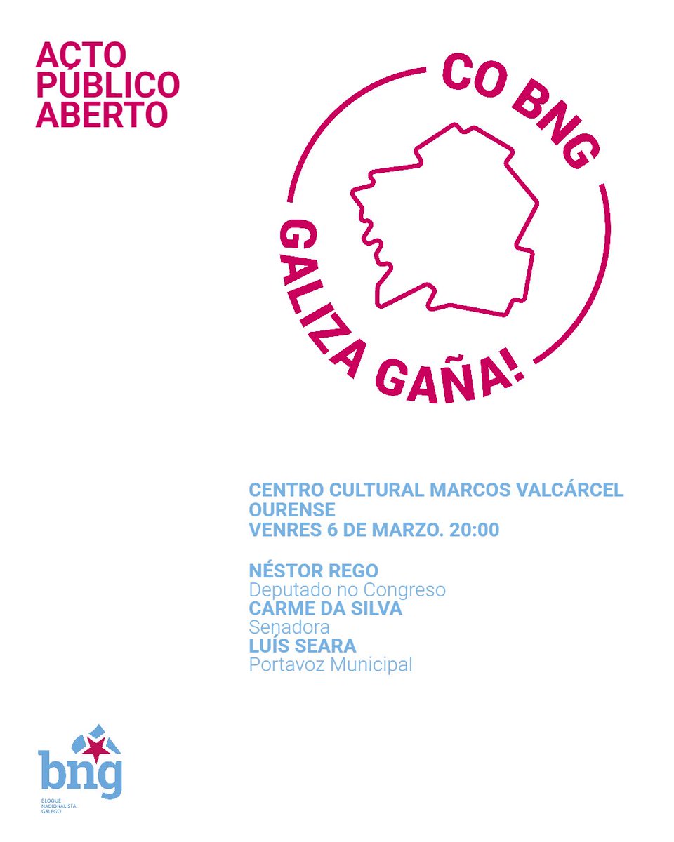 BNGOUrense's tweet photo. CO BNG GALIZA GAÑA! 🩵

Queres coñecer de primeira man o traballo que o noso Deputado no Congreso, Néstor Rego, e a nosa Senadora, Carme da Silva, están a desenvolver en defensa de Galiza?

🗓️Venres 6 de marzo
🕗20h
📍Centro Cultural Marcos Valcárcel