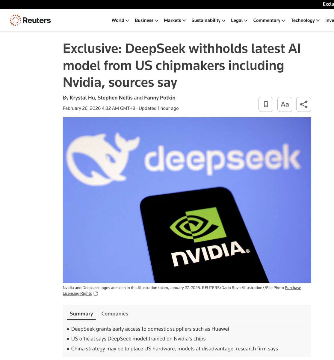 OopsGuess's tweet photo. Reuters confirms the real shift:
DeepSeek isn’t just an AI model, it’s the first Chinese system to create a reverse flow of power, it simply gave early access to Chinese suppliers instead of U.S. chipmakers.

And look how Silicon Valley reacts, like a monopoly suddenly realizing it’s no longer the center of the world.

For decades, U.S. labs got every major global model first:
benchmark it, dissect it, optimize it, absorb it.

DeepSeek is the first model in history to flip that power dynamic:
China chooses who gets priority, not the U.S.

That’s why they’re breaking down.
Not because of chips, but because of lost entitlement.