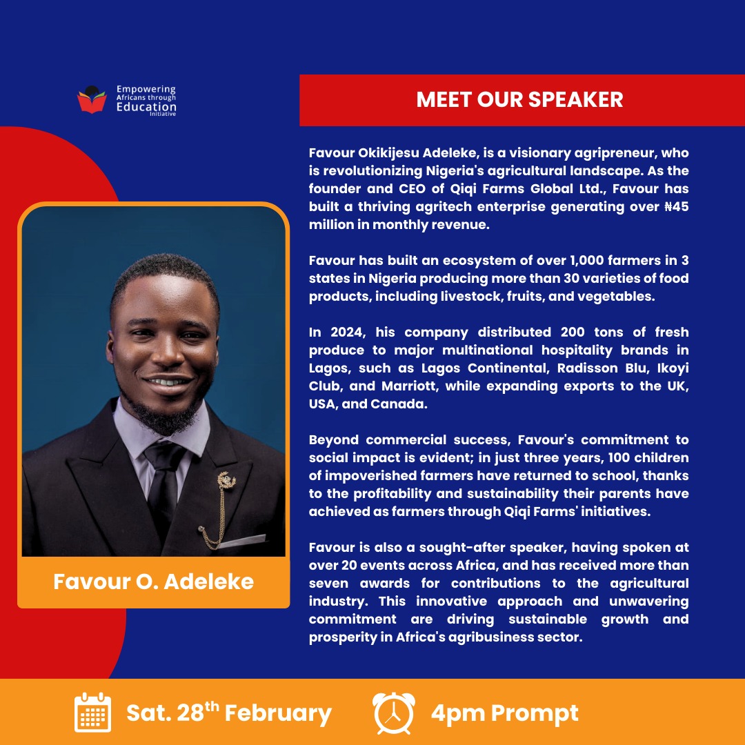The BEMINT Alumni Council warmly invites you to an insightful webinar titled:
“POSITIONING FOR THE FUTURE”
🎙️Speaker: Favour O. Adeleke, CEO, Qiqi Farms Global Ltd
📅Saturday, February 28th, 2026
⏰TIME :4:00 PM (WAT)
📍Google Meet (Link will be shared soon)