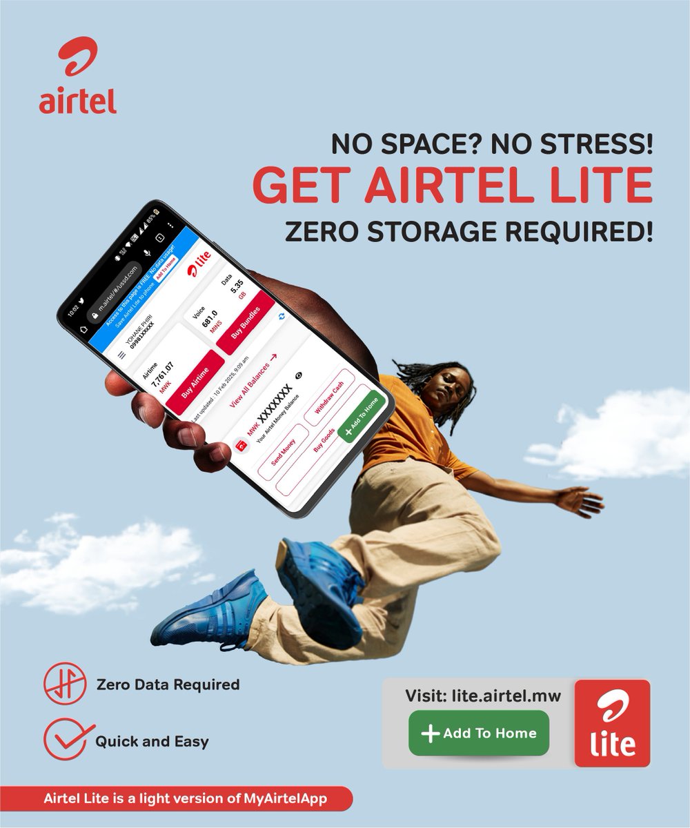 AirtelMalawiPlc's tweet image. USE AIRTEL LITE – the easy alternative to MyAirtel App!

Check balances, send money &amp;amp; buy bundles - without downloading the app or using mobile data. ​​

Visit lite.airtel.mw, tap + 𝗔𝗱𝗱 𝘁𝗼 𝗛𝗼𝗺𝗲 and you’re set. 

#AirtelLite #Convenience #ZeroStorage