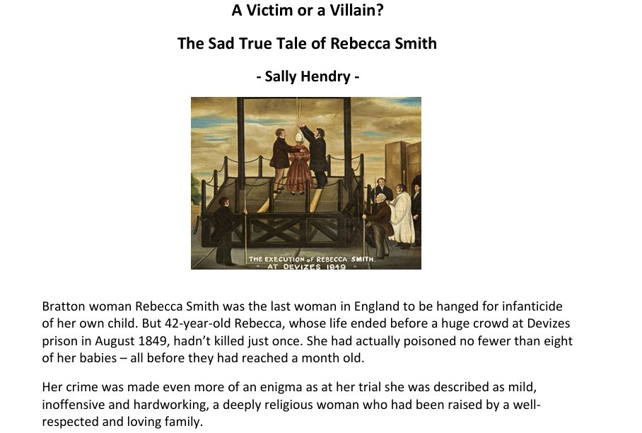 Was the Bratton murderer, Rebecca Smith, a 'victim or villain'? To discuss this, Sally Hendry has written a short blog post which can be found on our website here: brattonhistory.co.uk/blog.htm