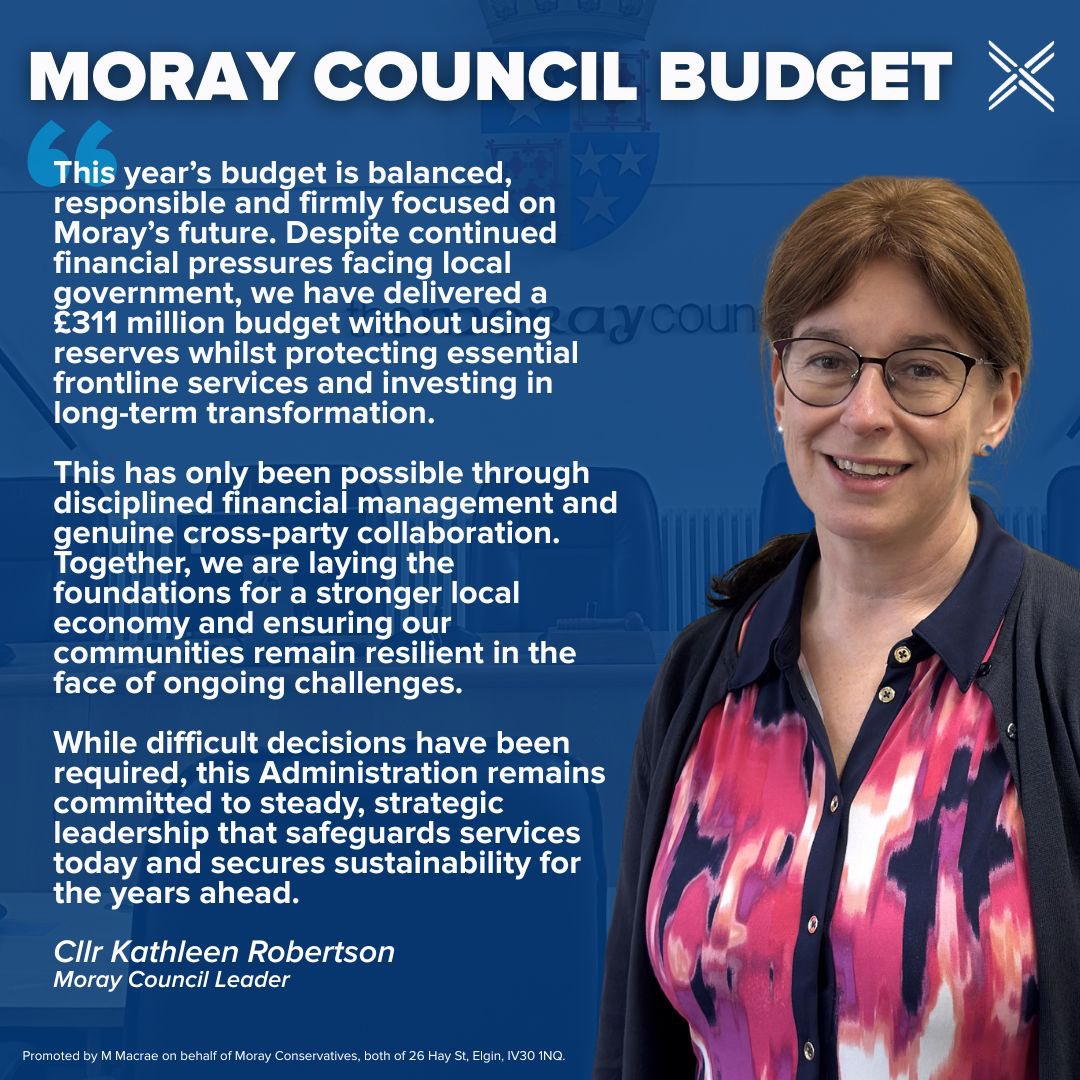 MorayTories's tweet photo. What Council Leader, Cllr Kathleen Robertson, has to say about this year’s Moray Council budget 👇 https://t.co/dNrQuMdpyp