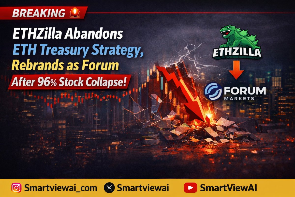 pushpendrajifan's tweet photo. 🚨 BREAKING:  #ETHZilla Abandons $ETH Treasury Strategy  Rebrands as Forum After 96% Stock Collapse 

ETHZilla scraps its #Ethereum balance sheet model following a brutal 96% plunge from 2025 highs  pivots to tokenized real world assets under new name Forum Markets ($FRMM). https://t.co/Q4FUsQfPcg