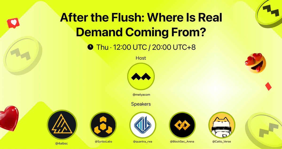🧠 AMA
After the Flush: Where Is Real Demand Coming From?
🗓 Thu · 12:00 UTC / 20:00 UTC+8
🎙 Host: <a href="/metyacom/">METYA</a>

👥 Guests: <a href="/4aibsc/">4AI 🔶 BNB</a> · <a href="/SynboLabs/">SYNBO Protocol</a> · <a href="/quantra_rwa/">Quantra</a> · <a href="/BlockSec_Arena/">Block Sec Arena</a> · <a href="/Catto_Verse/">Catto ∞ CattoVerse</a> 

🎁 Giveaway: Like + RT + Comment to enter — we’ll pick 5 winners to split 300 $MY.
🔔