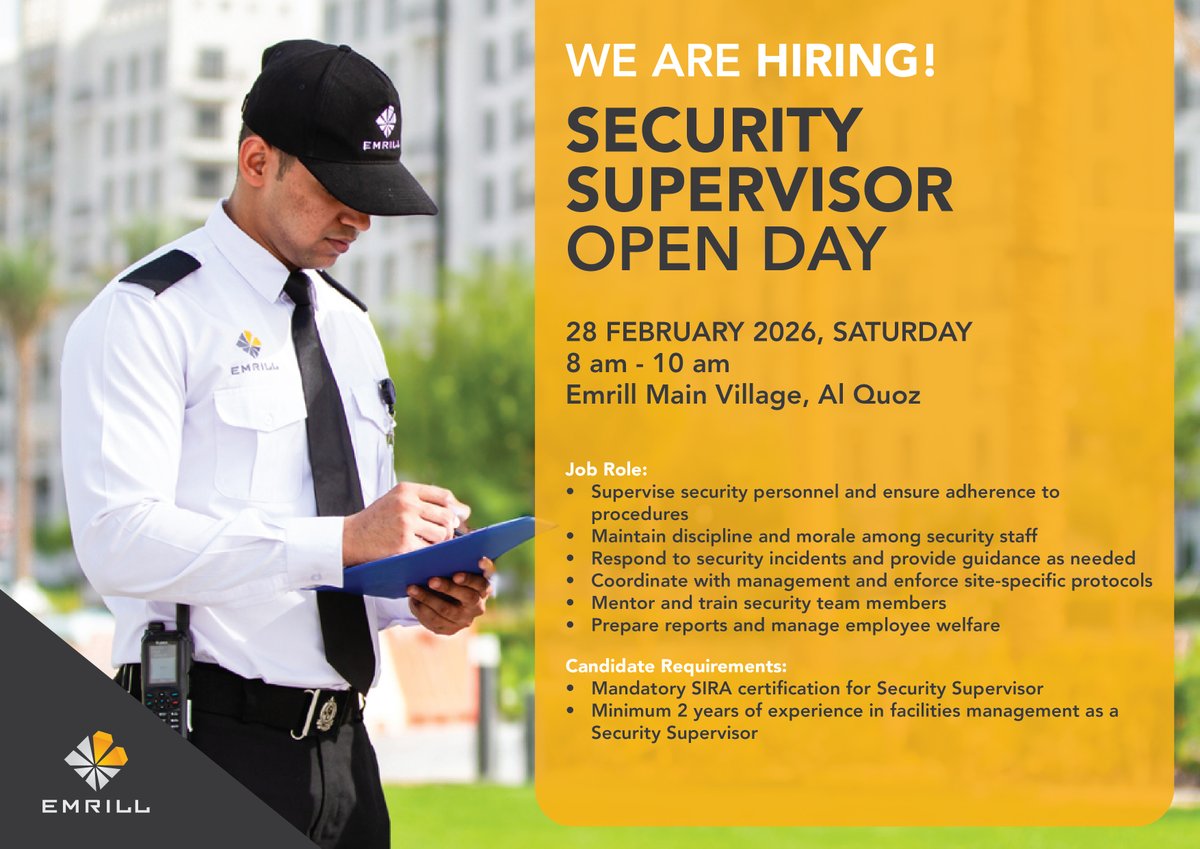 WALK-IN INTERVIEWS: Lifeguard &amp; Security Supervisor  

Interested candidates please bring your updated CV and relevant certifications.  

📍 Location: ow.ly/41TF50WpGBm 

#ProudlyEmrill #ExcellentPeople #JobOpening