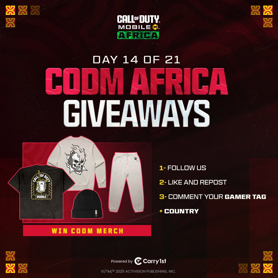 CODMAFRICA's tweet photo. Day 14 of 21 Days of Epic Wins 🔥

Two weeks down.
Today we’re giving away CODM Merch.

To enter:
• Follow the account
• Like and share this post
• Comment your country flag + Gamer Tag

Week 2 closes strong👕🔥

#callofdutymobile #codm #codmafrica https://t.co/X4Aai55SXy