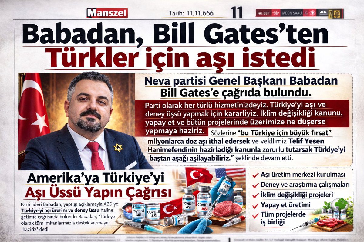 Kıymetli Genel Başkanım Babadan 
Türkiye'yi Baştan Sonra Aşılamak İçin Harekete Geçti. 
Hayırsever İşadamı Bill Gates aracılığı ile gerekli bütün tedarikleri yapmak üzere destek talep etti.Vermiş olduğumuz zorunlu aşı kanun teklifi ile gözüne girdiğimizi sevinçle duyuruyoruz.