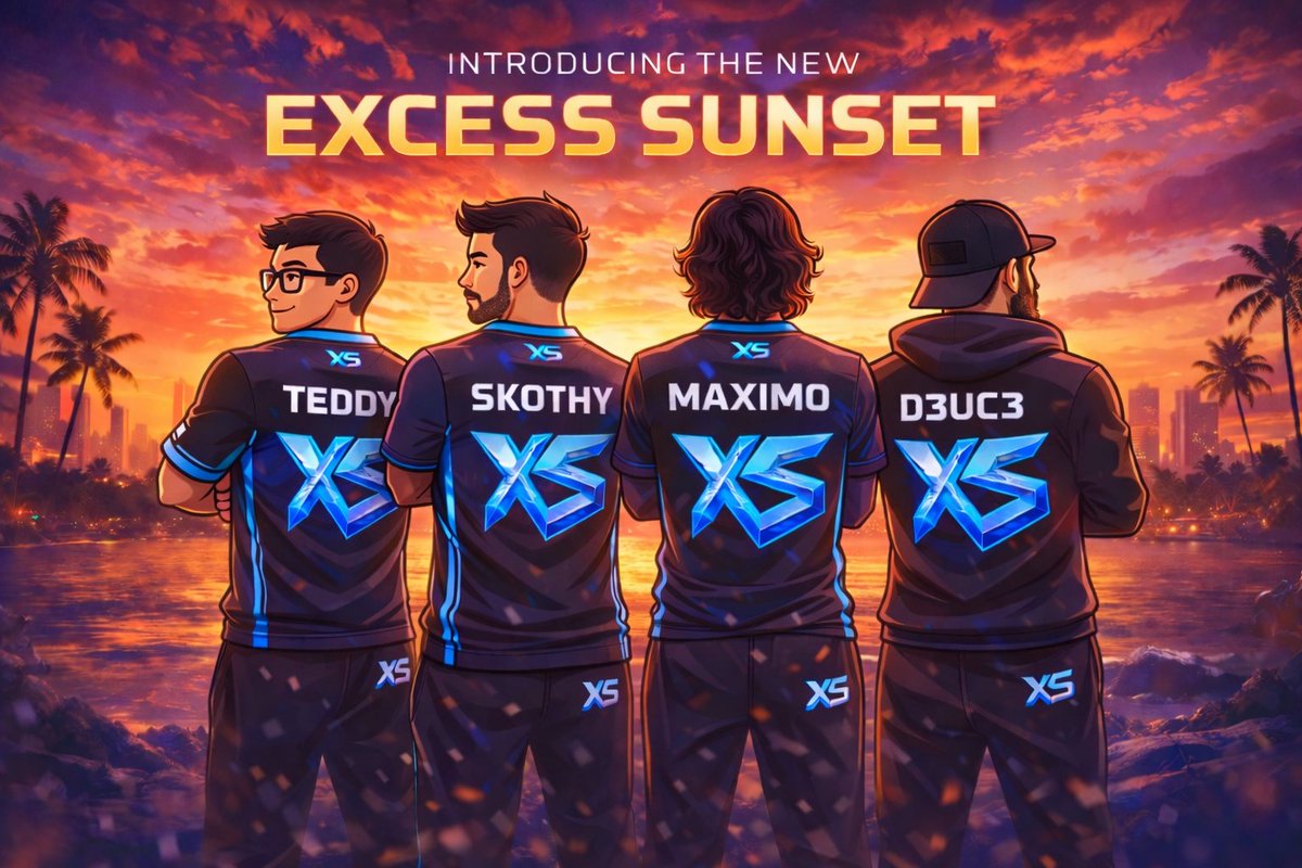 Excess_GG's tweet photo. A new chapter begins🌅

Say hello to Excess Sunset — our official CDL main roster representing Excess E-Sports.

Welcome @TeddyFineTV , @Skothyy , @ItPaiins , and @Deliduece to the squad. Locked in and ready to make our mark. ⚡

The grind starts now.

#ExcessEsports #Challengers https://t.co/uYld36aJvA