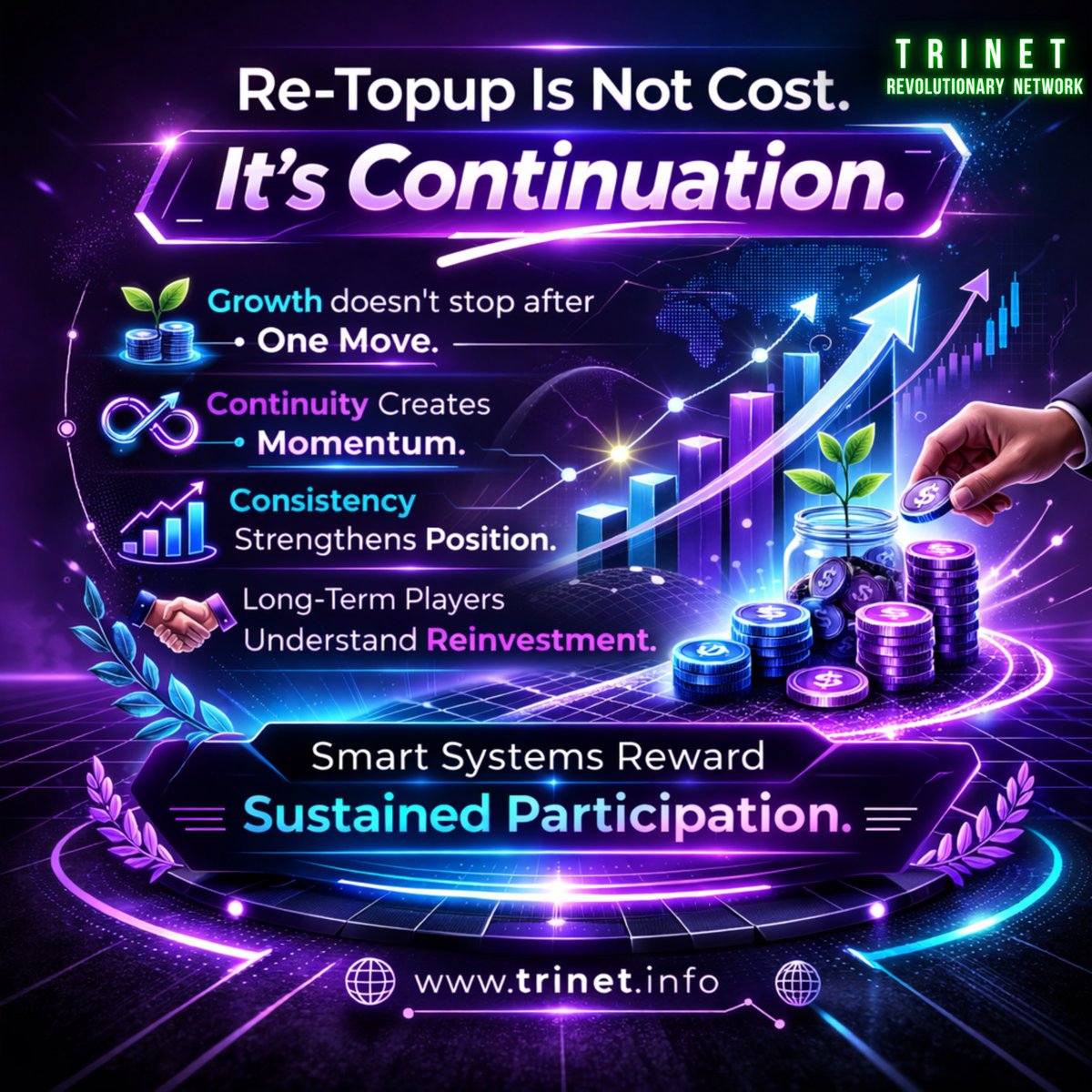 Trinet_'s tweet image. Smart systems reward those who stay active, stay consistent, and reinvest for the long run.
#Trinet #Reinvestment #LongTermGrowth #SmartSystems #FinancialDiscipline #NetworkGrowth #ConsistencyWins #WealthBuilding #ActiveIncome #SustainedSuccess