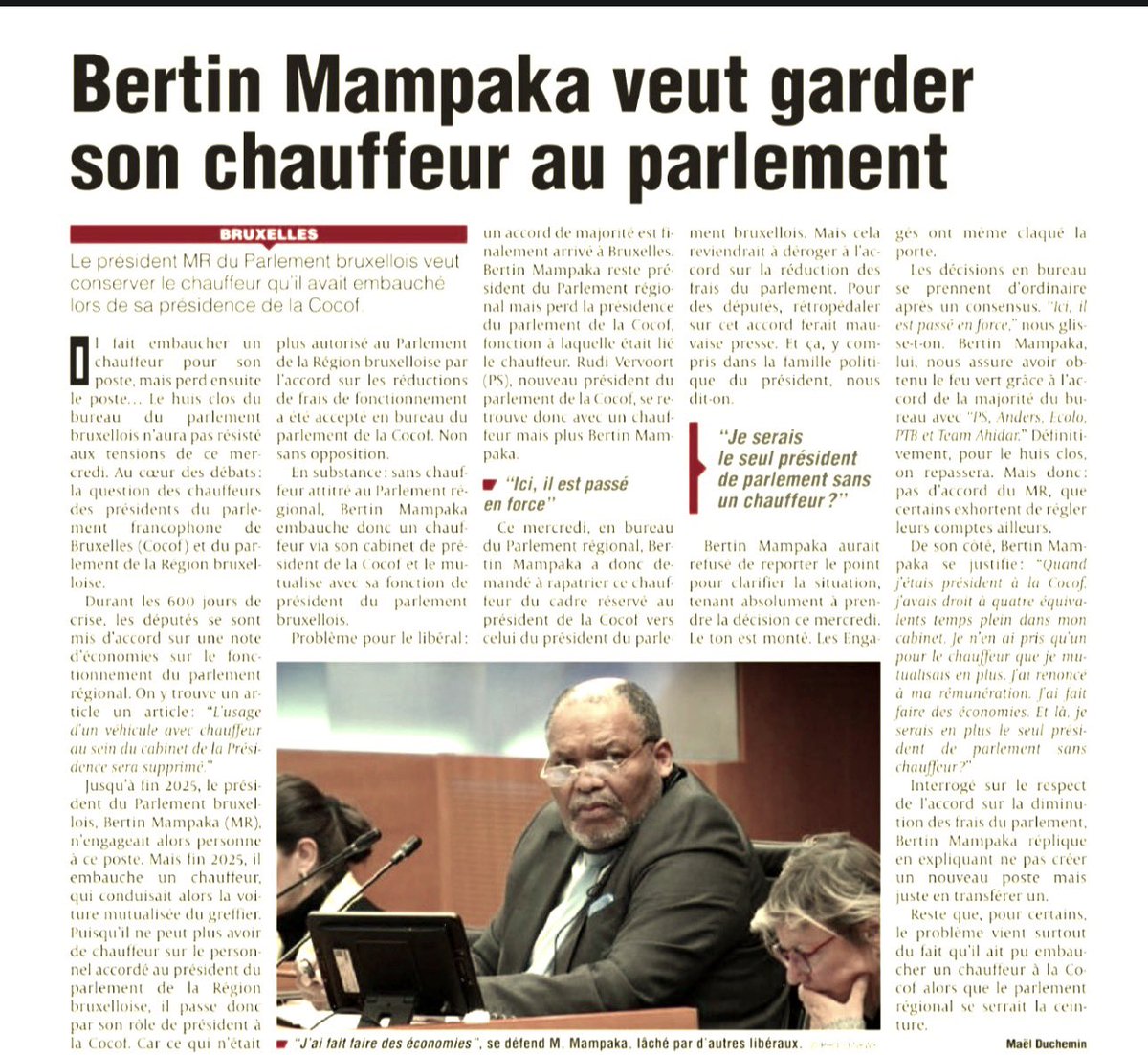 michelhenrion's tweet photo. Le Parlement bruxellois avait décidé de mesures budgétaires , supprimant officiellement le poste de chauffeur pour sa présidence afin de faire des économies.
La combine, rapportée par @laDH  : Bertin #Mampaka (MR), président du Parlement, avait contourné cette règle en engageant un chauffeur via son autre poste de l'époque (président de la Cocof), où cette restriction n'existait pas, pour ensuite "mutualiser" les services du chauffeur. Ayant perdu la présidence de la Cocof, il tente maintenant de rapatrier officiellement ce chauffeur au Parlement bruxellois. Cette demande crée un vif conflit au sein du bureau. Ses opposants dénoncent un passage en force qui contredit les promesses d'économies, tandis que lui estime être lésé par rapport aux autres présidents de parlements.
#LeChangementCestPourLesAutres #MR  (article intégral à lire dans @laDH)