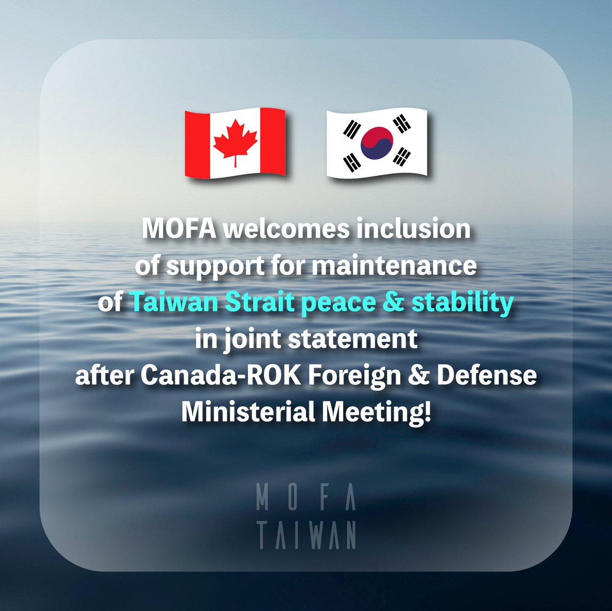 MOFA_Taiwan's tweet image. We welcome the Canada–ROK Foreign &amp;amp; Defense Ministerial Joint Statement supporting peace &amp;amp; stability across the Taiwan Strait &amp;amp; opposing unilateral actions to change the status quo. #Taiwan🇹🇼 will continue working with like-minded partners to uphold regional peace &amp;amp; prosperity.