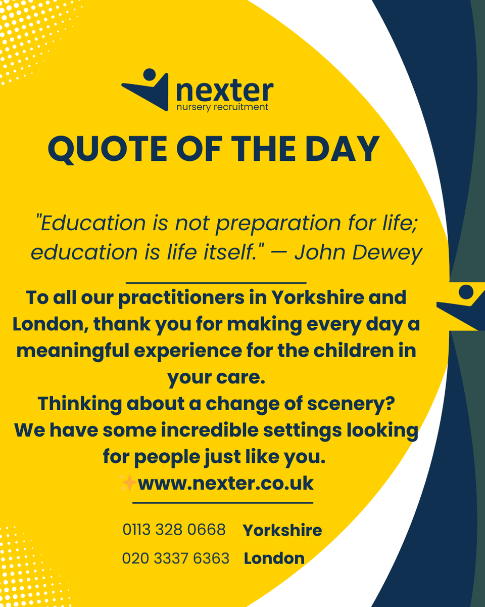 nexterrec's tweet photo. "Education is not preparation for life; education is life itself." — John Dewey 🌿

Every moment in the nursery is a milestone! 💛

Ready to bring your passion to a new setting in #Yorkshire or #London?

Explore our roles: https://t.co/bUfe0S9SnQ 

#EYFS #NurseryJobs #EarlyYears https://t.co/q4w7cl4tT3