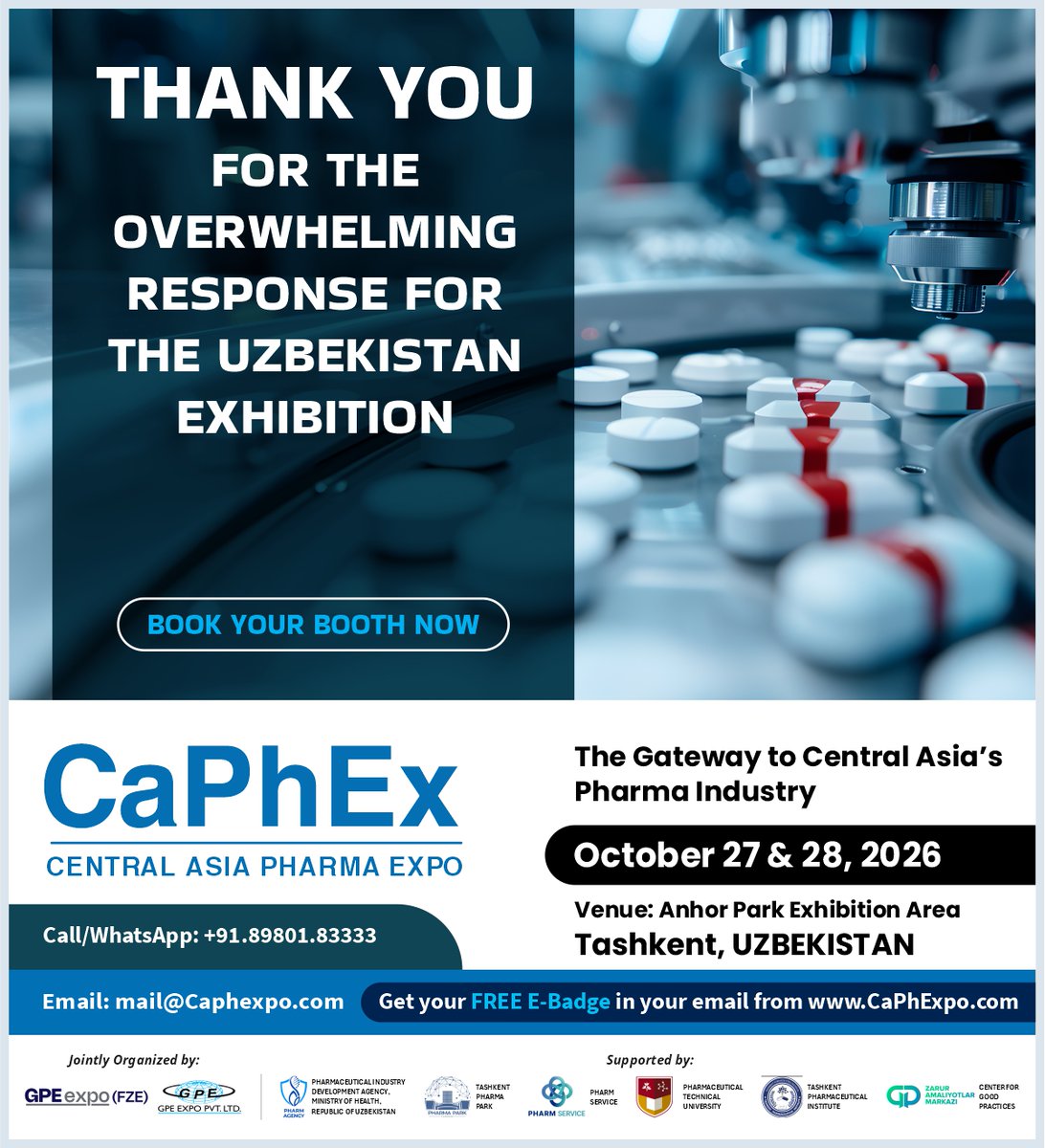 CaPhExpo's tweet photo. Have you marked your presence in the fastest-growing pharma market in Central Asia? 📈

Dates: October 27 &amp; 28, 2026
Venue: Anhor Park Exhibition Area, Tashkent, Uzbekistan

Call/WhatsApp: +918980183333
Email: mail@Caphexpo.com
Website: https://t.co/g8b7ctAZ9i

#CaPhEx2026 https://t.co/dixzbzLDnR