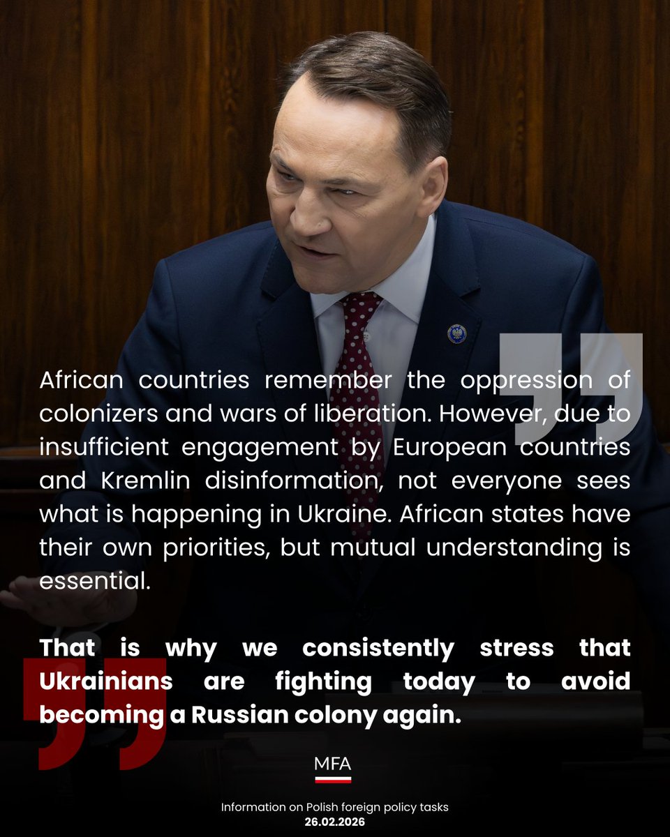💬 African countries see Poland’s clear and consistent stance on the fundamental norms of the UN Charter: respect for sovereignty and territorial integrity, the equality of sovereign states, and the peaceful settlement of disputes.

| Deputy Prime Minister <a href="/sikorskiradek/">Radosław Sikorski 🇵🇱🇪🇺</a>