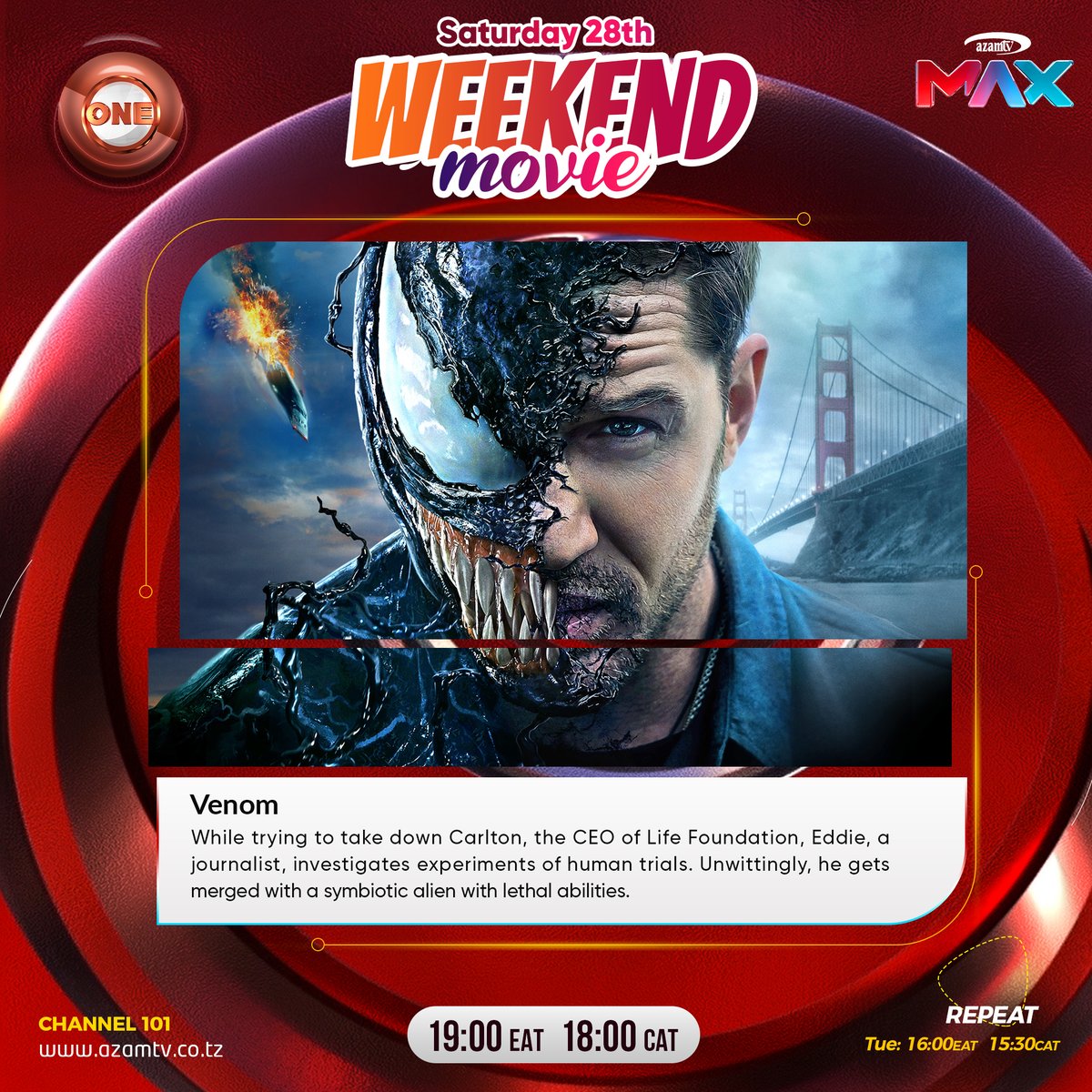 Azamtv_ug's tweet image. This Weekend’s #Movie Treat!
#AzamONE &amp;amp; #AzamTWO! 

Big movies. Big action. Big weekend! 
Watch Venom an explosive super hero thriller and High speed action of Baby Driver on Azam ONE.
#Wespeak.. #Burudanikwawote
