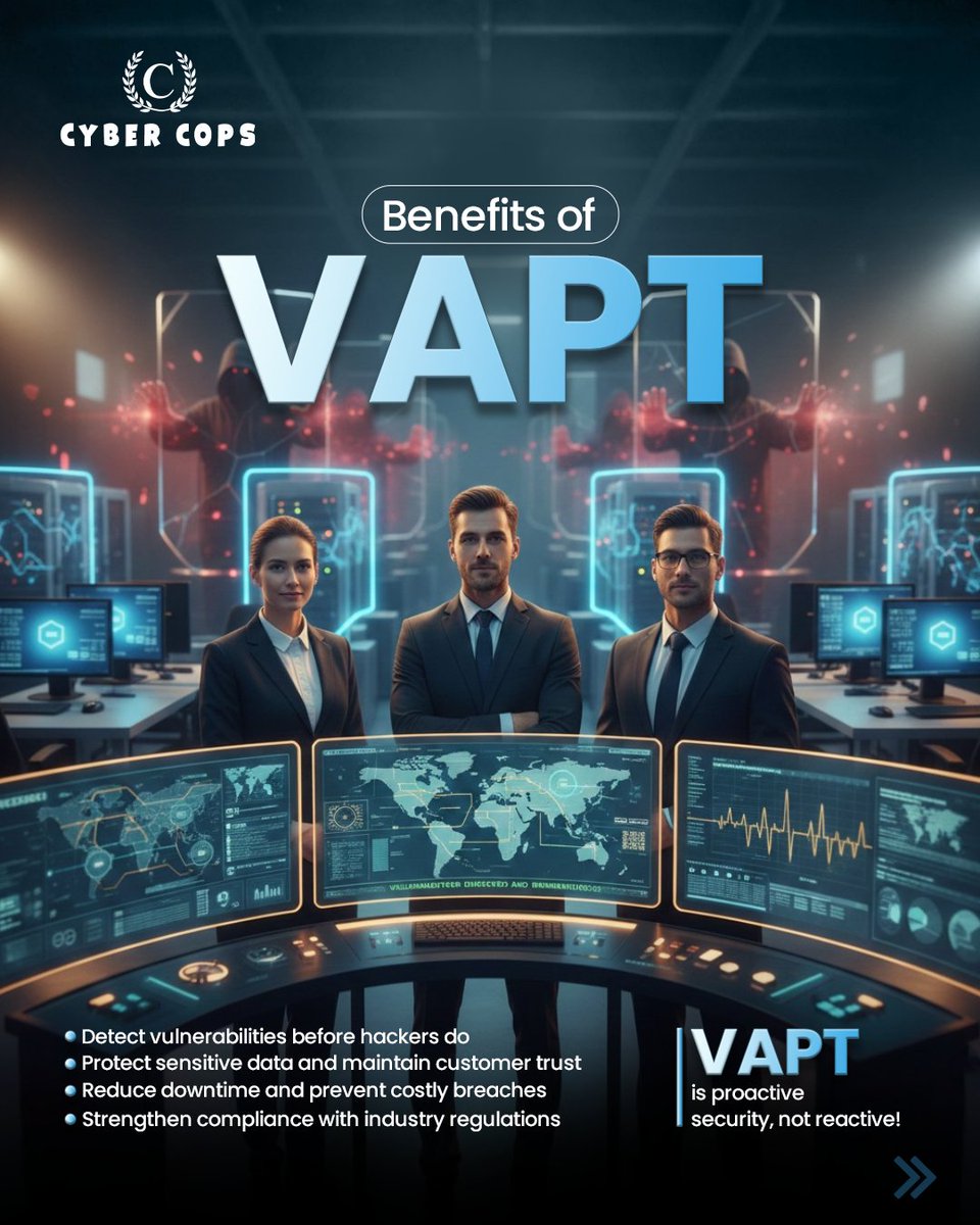 Cyber_Cops_'s tweet photo. With a comprehensive #VAPT assessment, you gain visibility into weaknesses, actionable insights to strengthen your defenses, and peace of mind knowing your systems are secure.

Protect your business before a breach happens. Connect with Cyber Cops today. 🚀 https://t.co/bIZ84RU6Q5