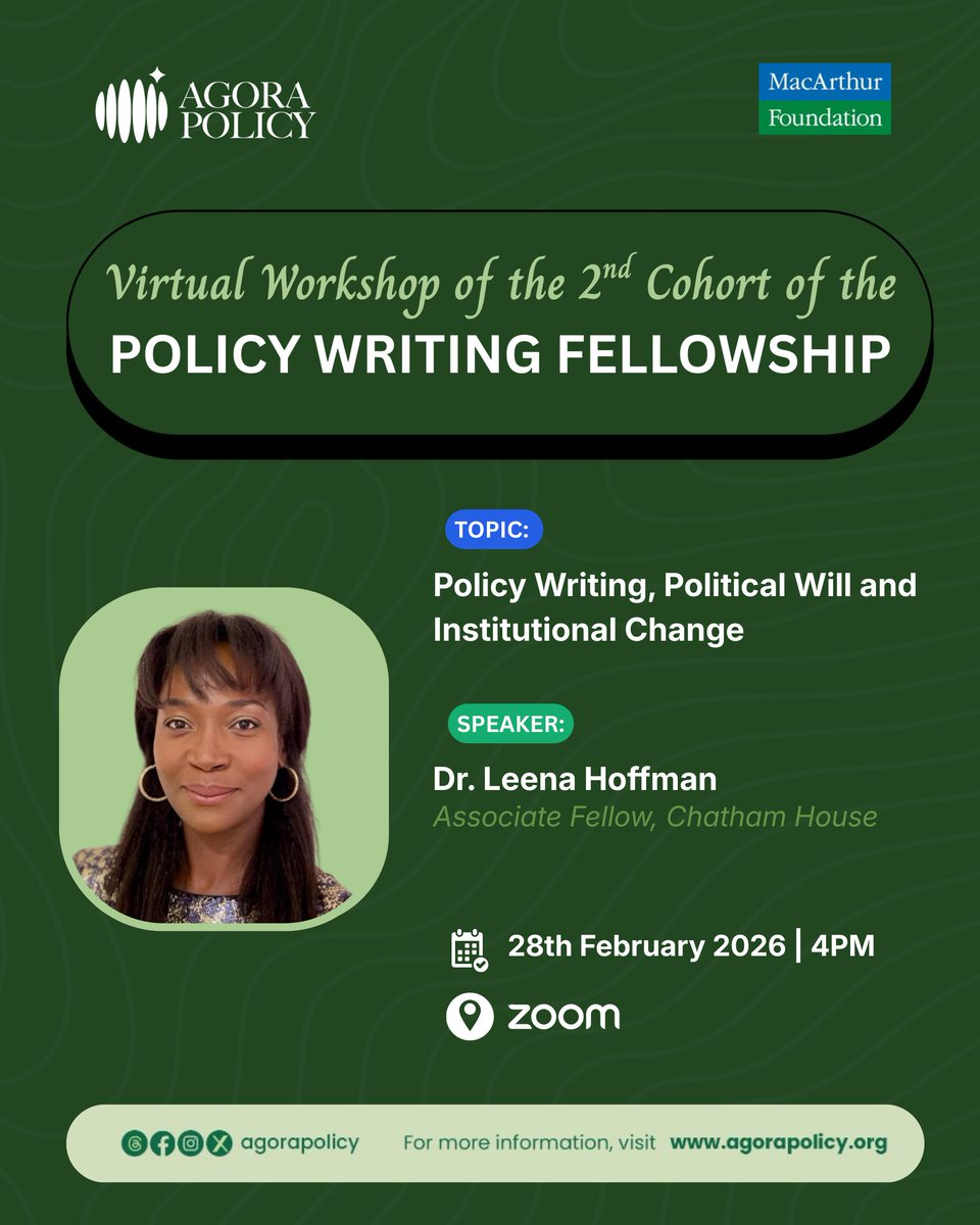 AgoraPolicy's tweet photo. 🚨The Fellowship progresses…

We hold the first virtual workshop for the second cohort of our 25 Policy Writing Fellows this Saturday. The session will be facilitated by @LeenaHoffmann, who will share insights on policy writing, political will, and institutional change. https://t.co/GNBJcrZYml