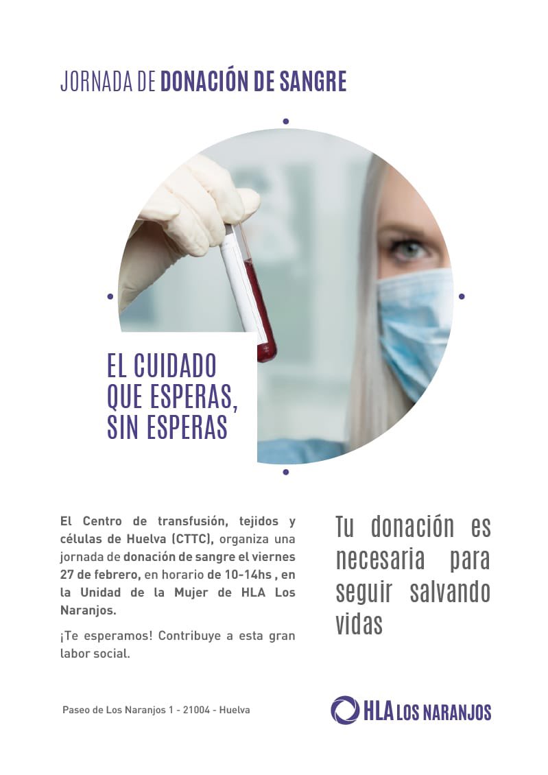 Jornada de donación de sangre de la CTTC ⬇️ 

📅 Viernes 27 de febrero

⏰ 10:00H - 14:00H

📍Unidad de la Mujer del HLA Los Naranjos, Plaza Ivonne Cazenave Nº3

🤝 Ayúdanos para que esta acción solidaria tan importante para todos sea un éxito de convocatoria 💙

¡Te esperamos!