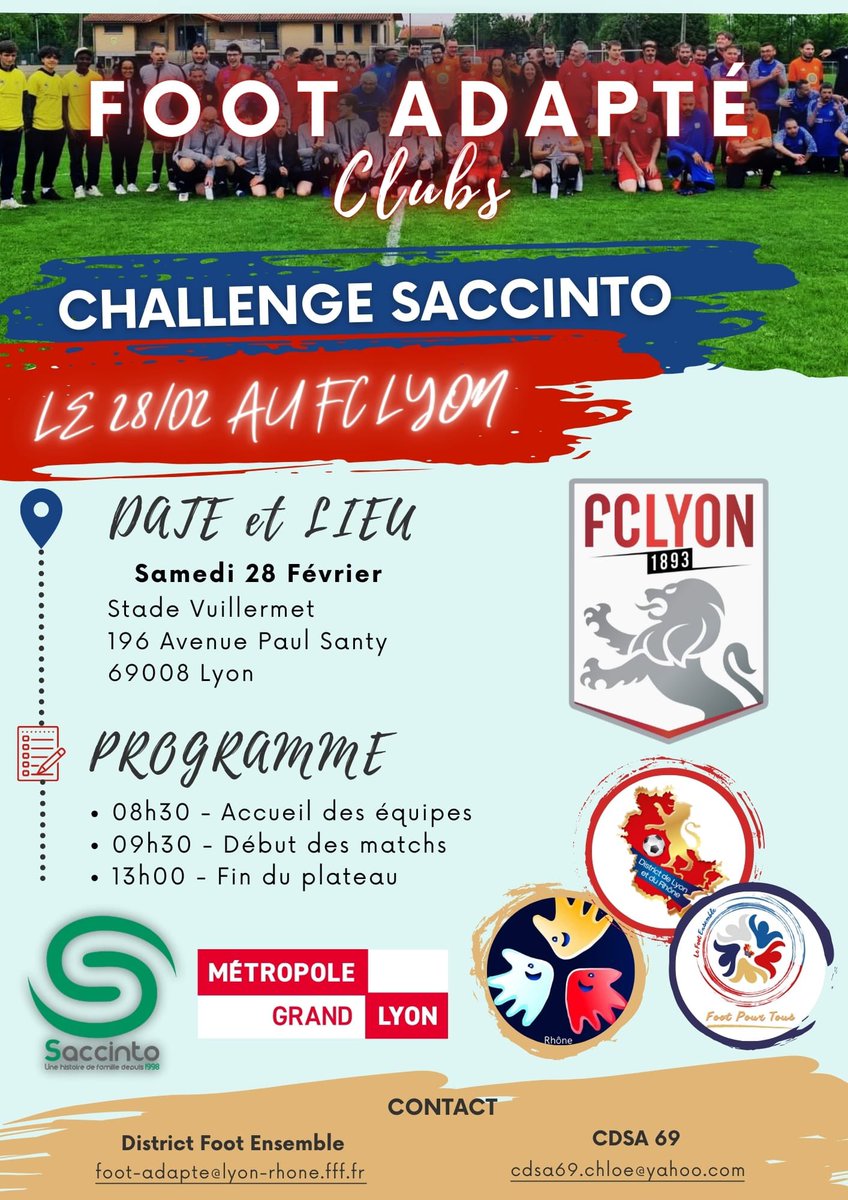 Foot Adapté #DLR69
Rendez-Vous vous samedi, sur les installations du FC Lyon 1893, pour la première journée de la deuxieme phase du Challenge Saccinto… celle qui désignera le premier champion du Rhône de Foot Adapté.