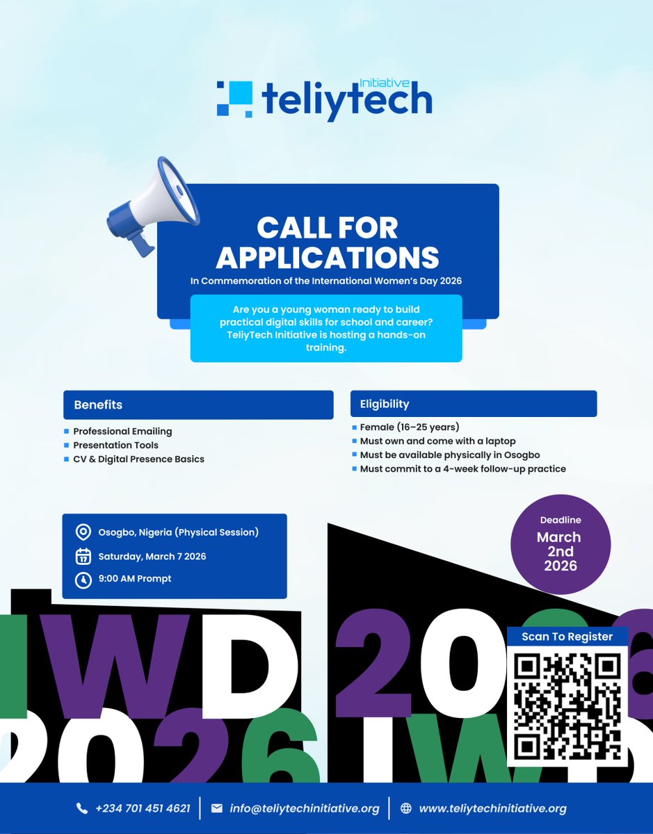 Applications are open for 𝗧𝗵𝗲 𝗦𝗺𝗮𝗿𝘁 𝗦𝗸𝗶𝗹𝗹𝘀 𝗦𝗲𝘀𝘀𝗶𝗼𝗻 💻

A hands-on IWD digital training for young women (16–25 years) in Osogbo.
15 slots only. Laptop required.

Apply here: forms.cloud.microsoft/r/uA7n7yLMwe 𝗯𝘆 𝗠𝗮𝗿𝗰𝗵 𝟮 𝟮𝟬𝟮𝟲

#TeliyTechInitiative #IWD2026