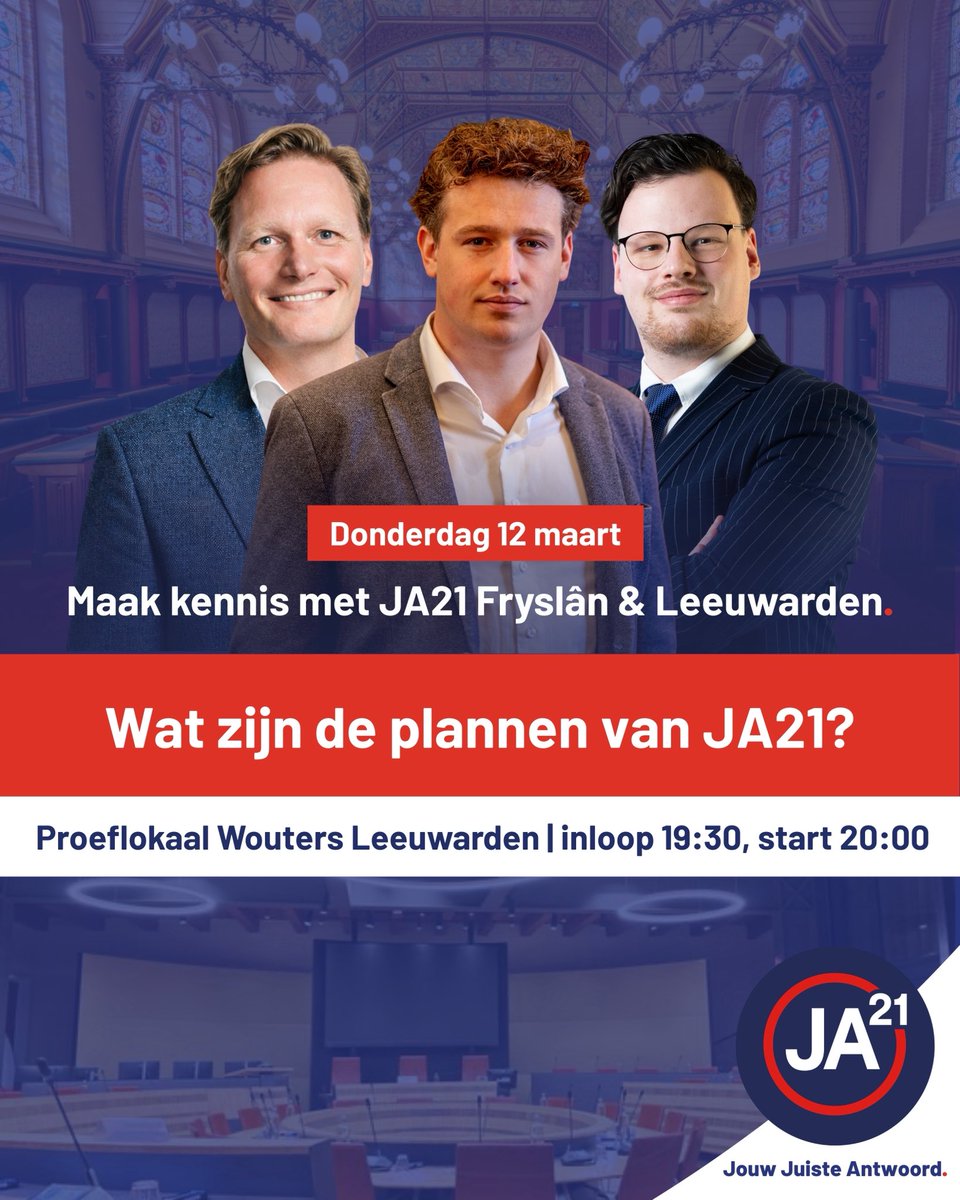 JA21Fryslan's tweet photo. Benieuwd naar waar JA21 Fryslân en JA21 Leeuwarden voor staan? Kom dan op donderdag 12 maart om 19:30 naar onze kennismakingsavond bij Proeflokaal Wouters in Leeuwarden!

Tijdens deze laagdrempelige avond ontmoet je de Provinciale Statenfractie, onze kandidaten in Leeuwarden en andere betrokkenen binnen de Friese afdeling. Een mooie kans om vragen te stellen, ideeën te delen en kennis te maken met de partij. Ook staan we stil bij onze recente verkiezingswinst met Tweede Kamerlid Maarten Goudzwaard.

Iedereen is welkom.
Of je nu politiek actief bent of gewoon nieuwsgierig: je bent van harte uitgenodigd!

Tickets zijn gratis (zolang de voorraad strekt), dus neem gerust iemand mee! Aanmelden kan hier: https://t.co/ESyGgQoDj2