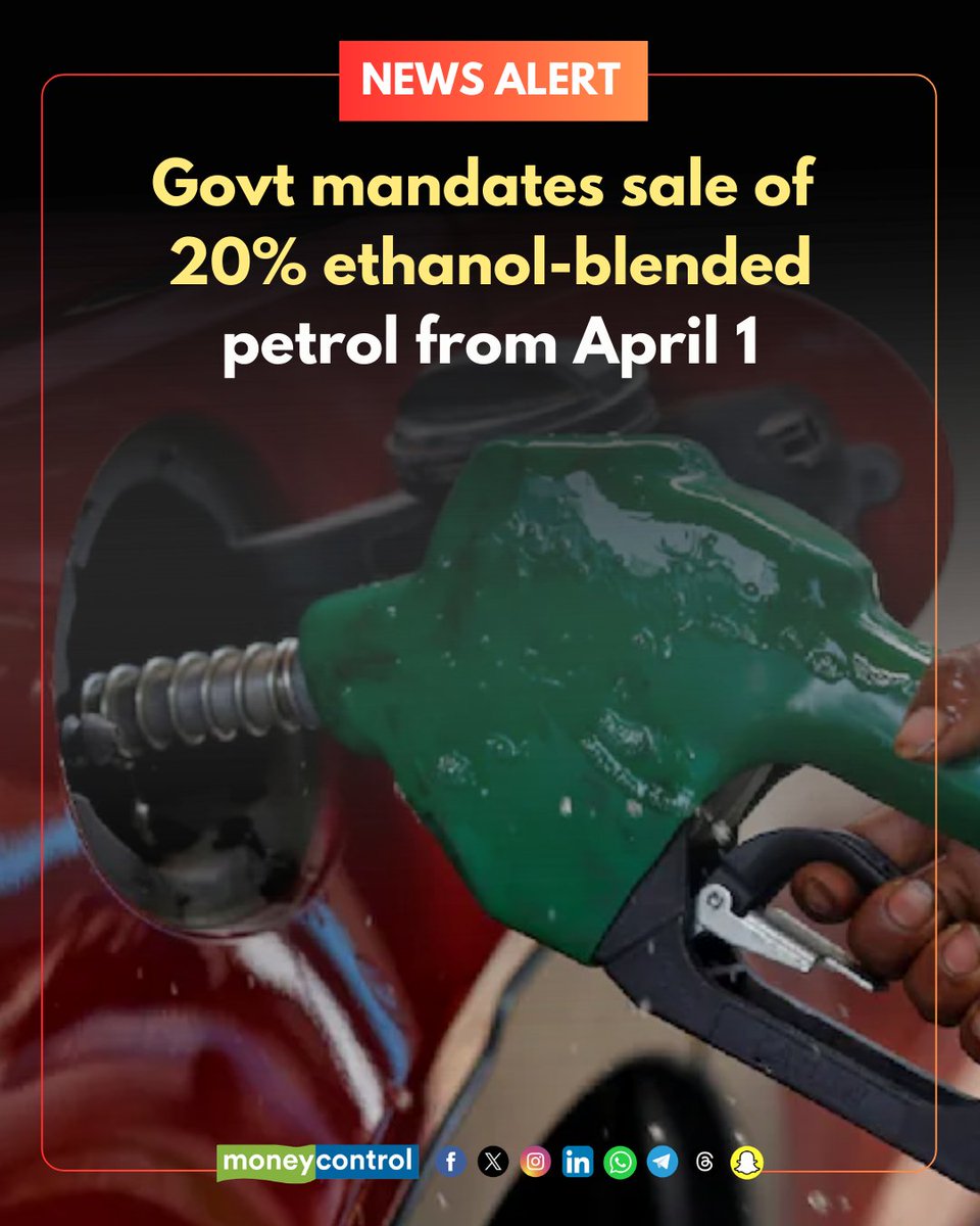 moneycontrolcom's tweet photo. 🚨 Govt mandates sale of 20% ethanol-blended petrol from April 1
 
More details 👇
https://t.co/BwfGhzAHeL

#Ethanol #Petrol https://t.co/Ynl8ung8iw