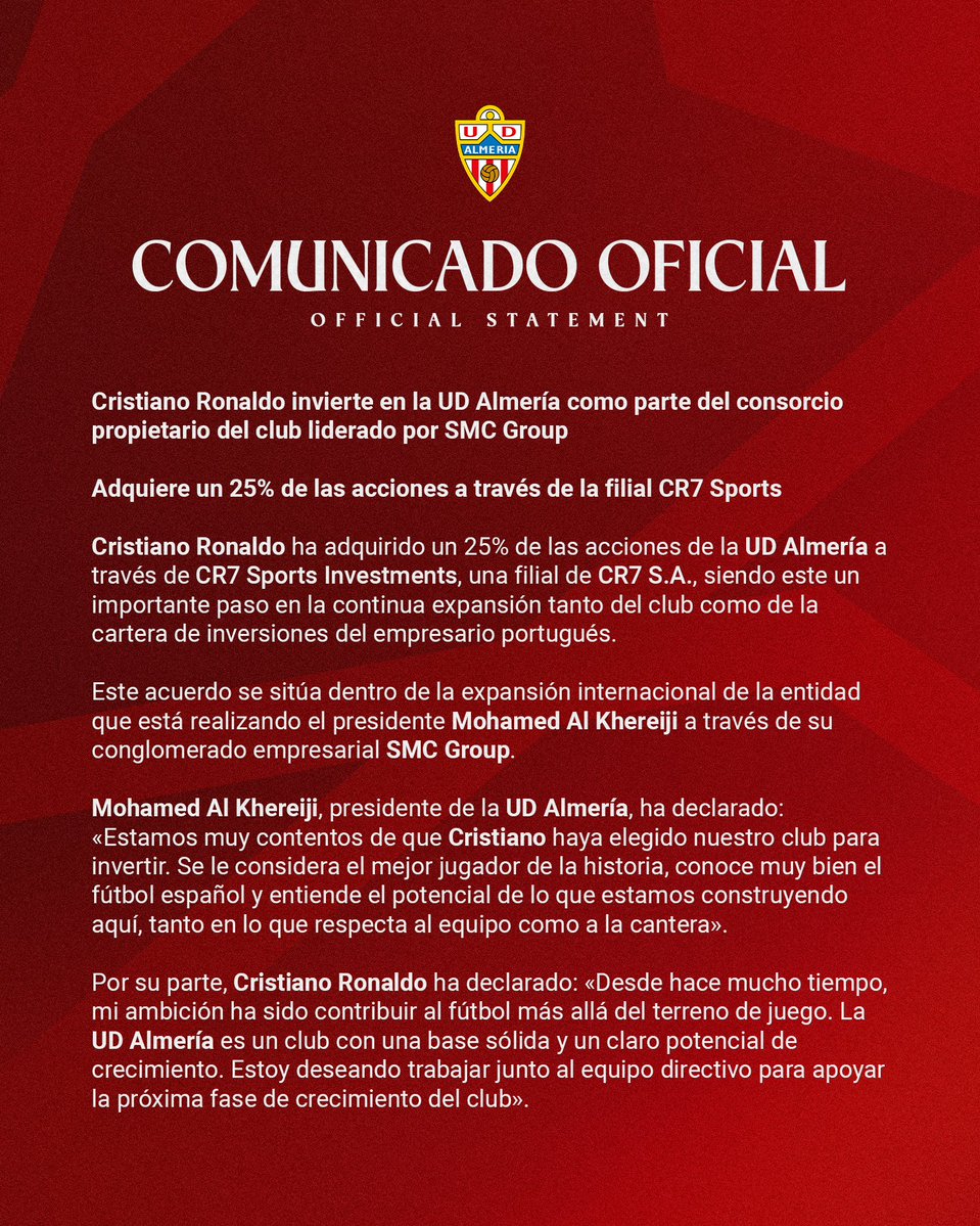 Comunicado oficial:

Cristiano Ronaldo invierte en la UD Almería como parte del consorcio propietario del club liderado por SMC Group